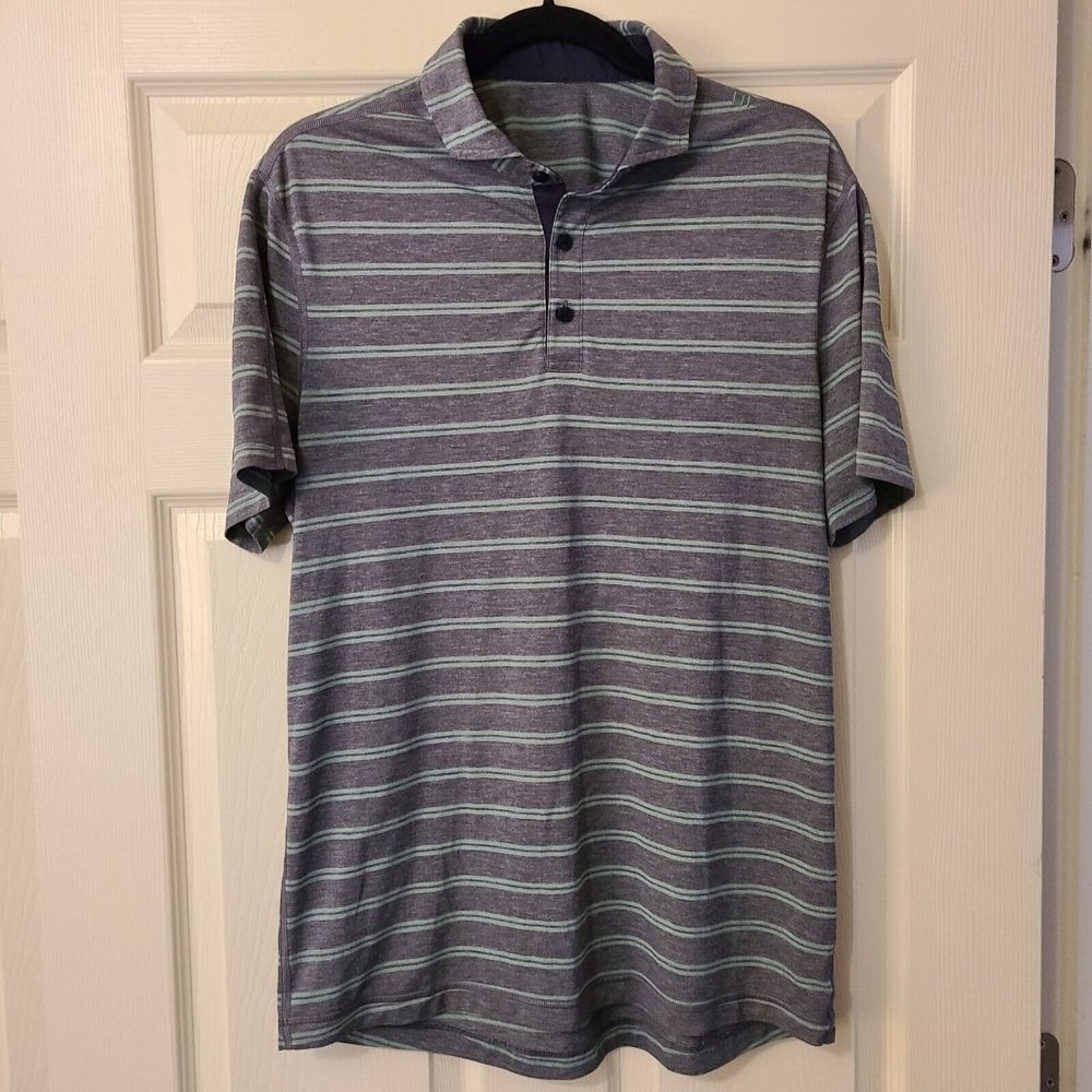 Lululemon Men’s Short Sleeve Button Up Polo Shirt Blue Gray Striped Size Medium